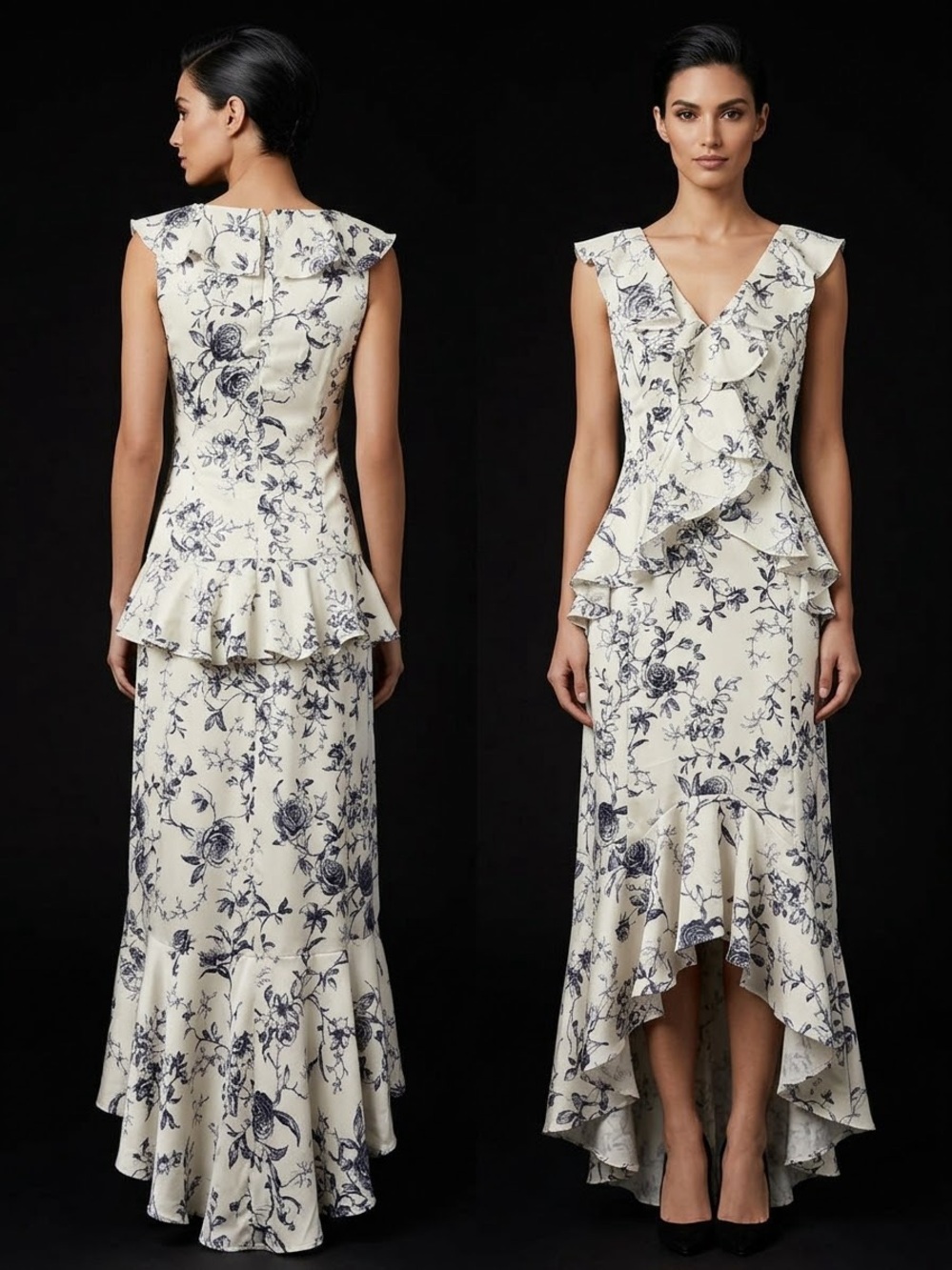 CeCe Cream Maxi Dress with Navy Floral Print and Ruffle Detail in Satin